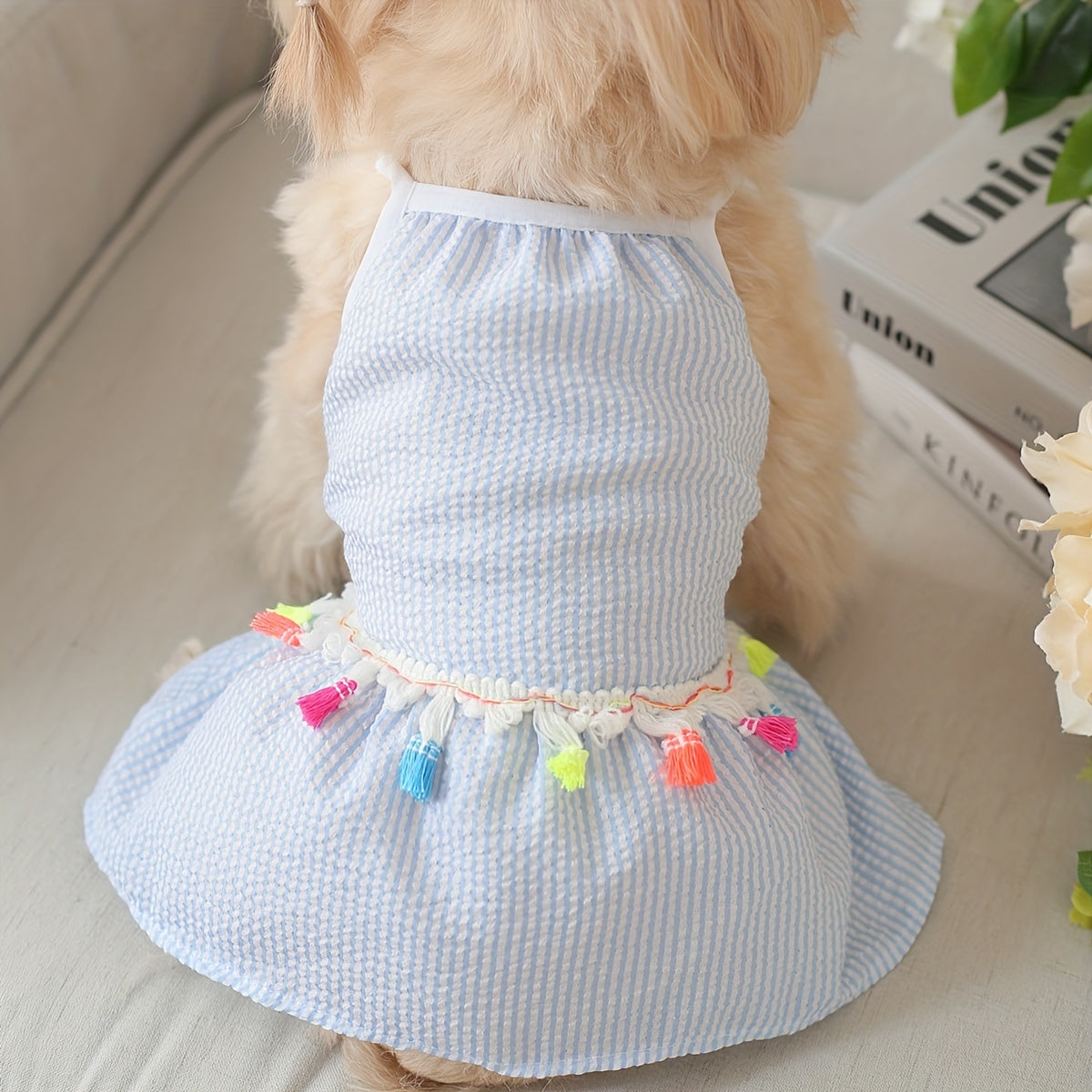1pc 可愛いタッセル装飾グリッドペットキャミドレス 犬と猫の夏のパーティー服