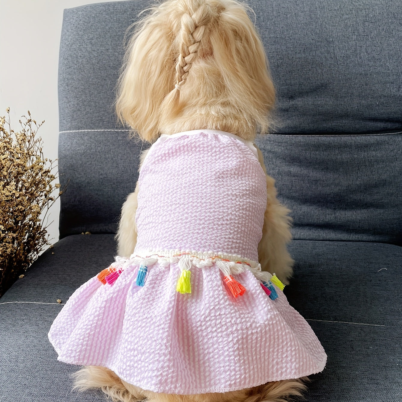 1pc かわいいタッセル装飾グリッドペットキャミドレス犬夏のパーティー服