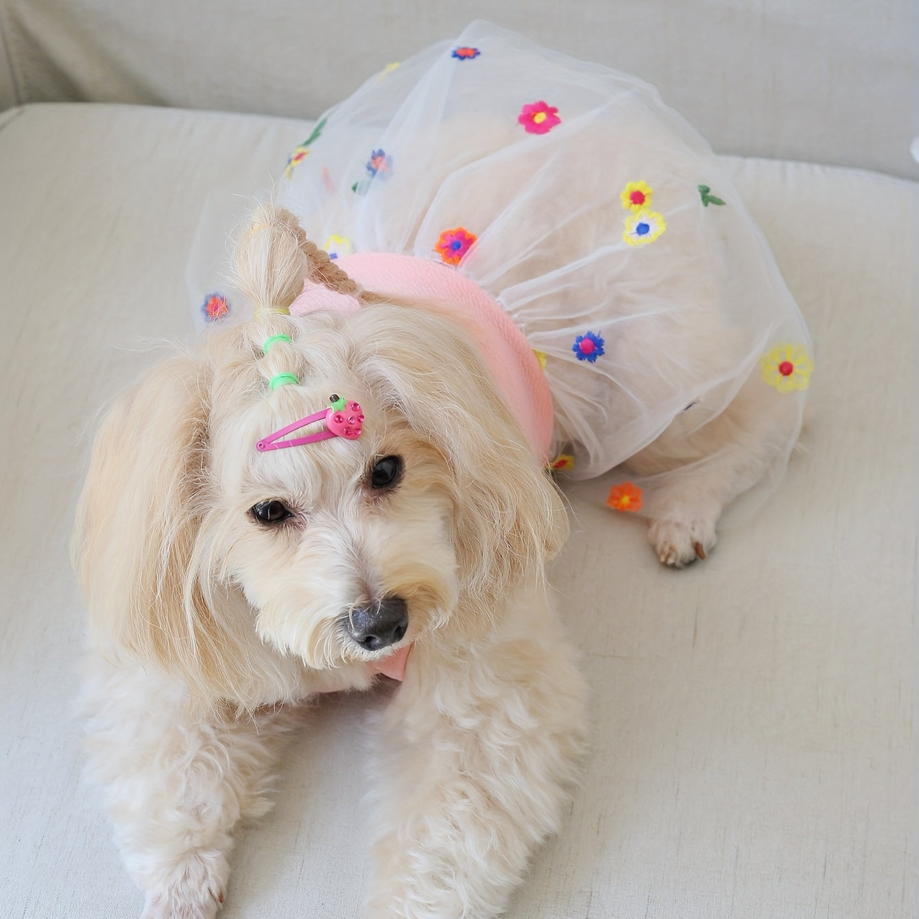 1pc 可愛い花刺繍ペットメッシュセミドレス通気性のある犬用ルームウェア犬と猫の夏のパーティー服