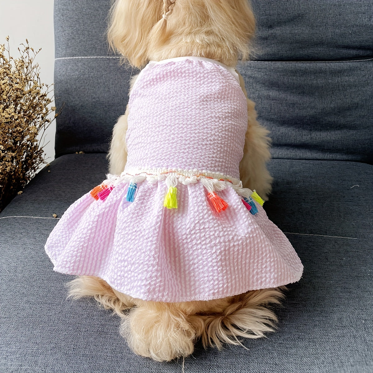 1pc かわいいタッセル装飾グリッドペットキャミドレス犬夏のパーティー服