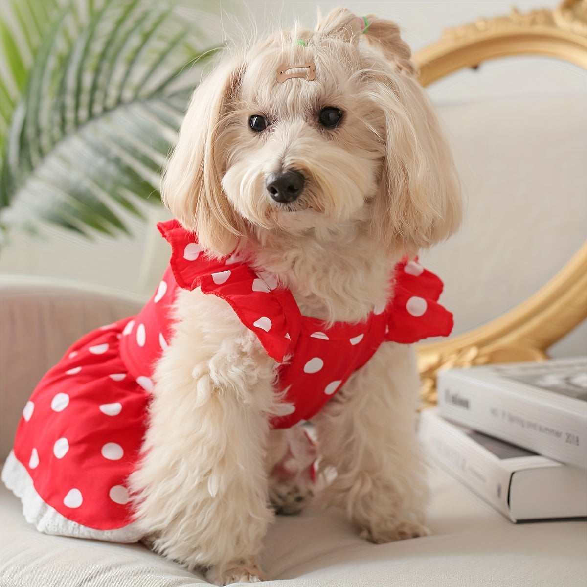 1pc 可愛い水玉柄ペットフライングスリーブドレス 犬と猫のための通気性のあるドッグルームウェア 夏のパーティー服