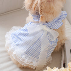 1pc フェアリースタイルの犬用ドレス、リボンボウレーストリムのプレイドスカート、ペット猫犬用のホームパーティー外出用ドレス