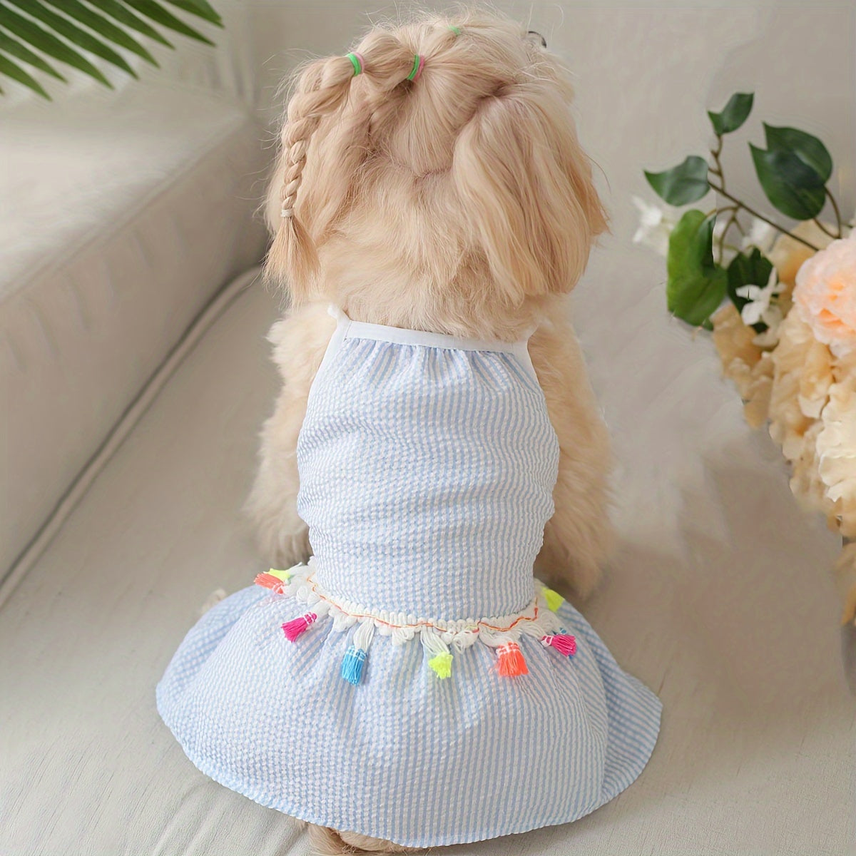 1pc 可愛いタッセル装飾グリッドペットキャミドレス 犬と猫の夏のパーティー服