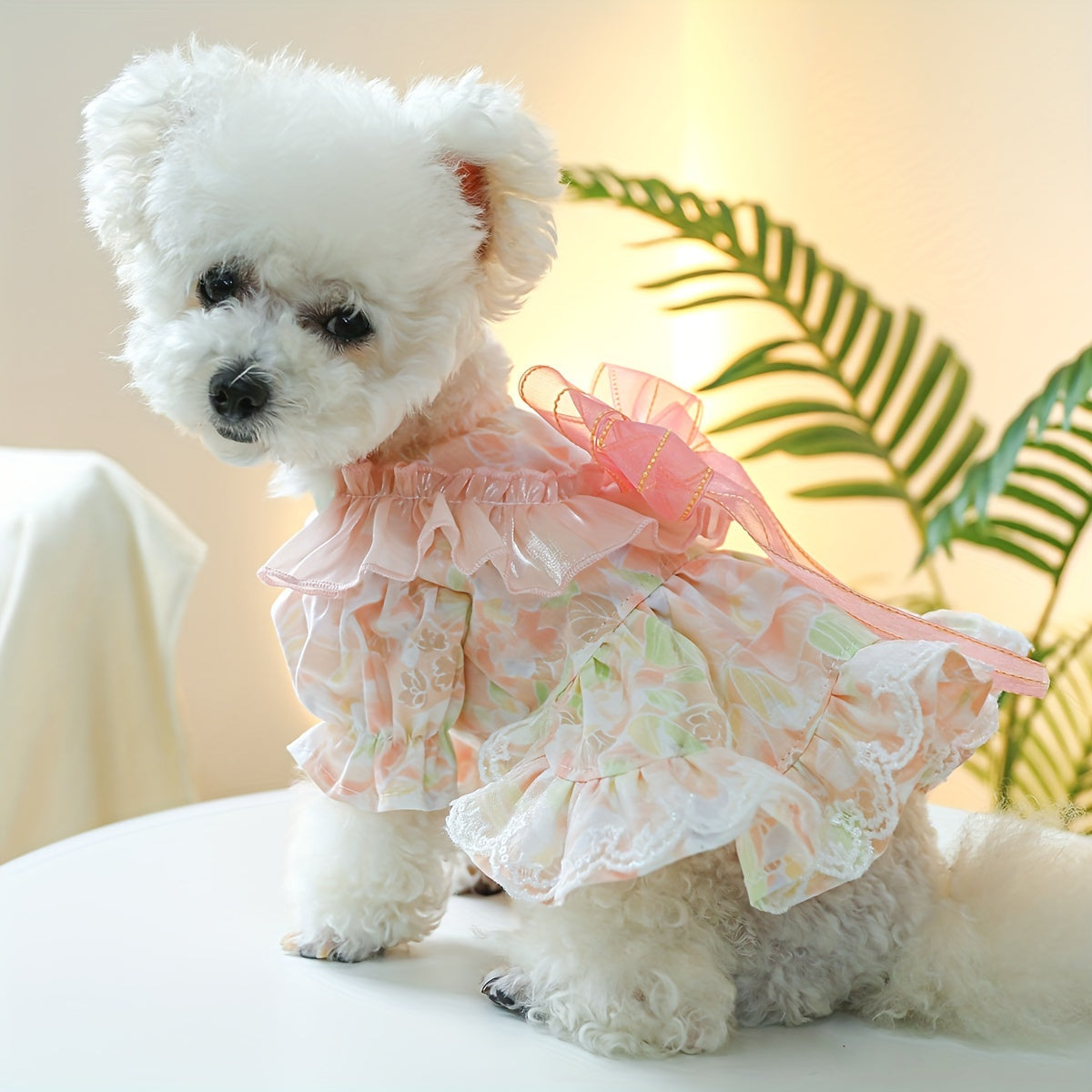 犬と猫のための上品な花のプリンセスドレス - オールシーズンポリエステルペットドレス、プレスバックル付き、織り生地、中型、小型、ミニ＆トイブリードに最適 - 可愛らしいフリルのついた蝶のリボンスカート p0580609